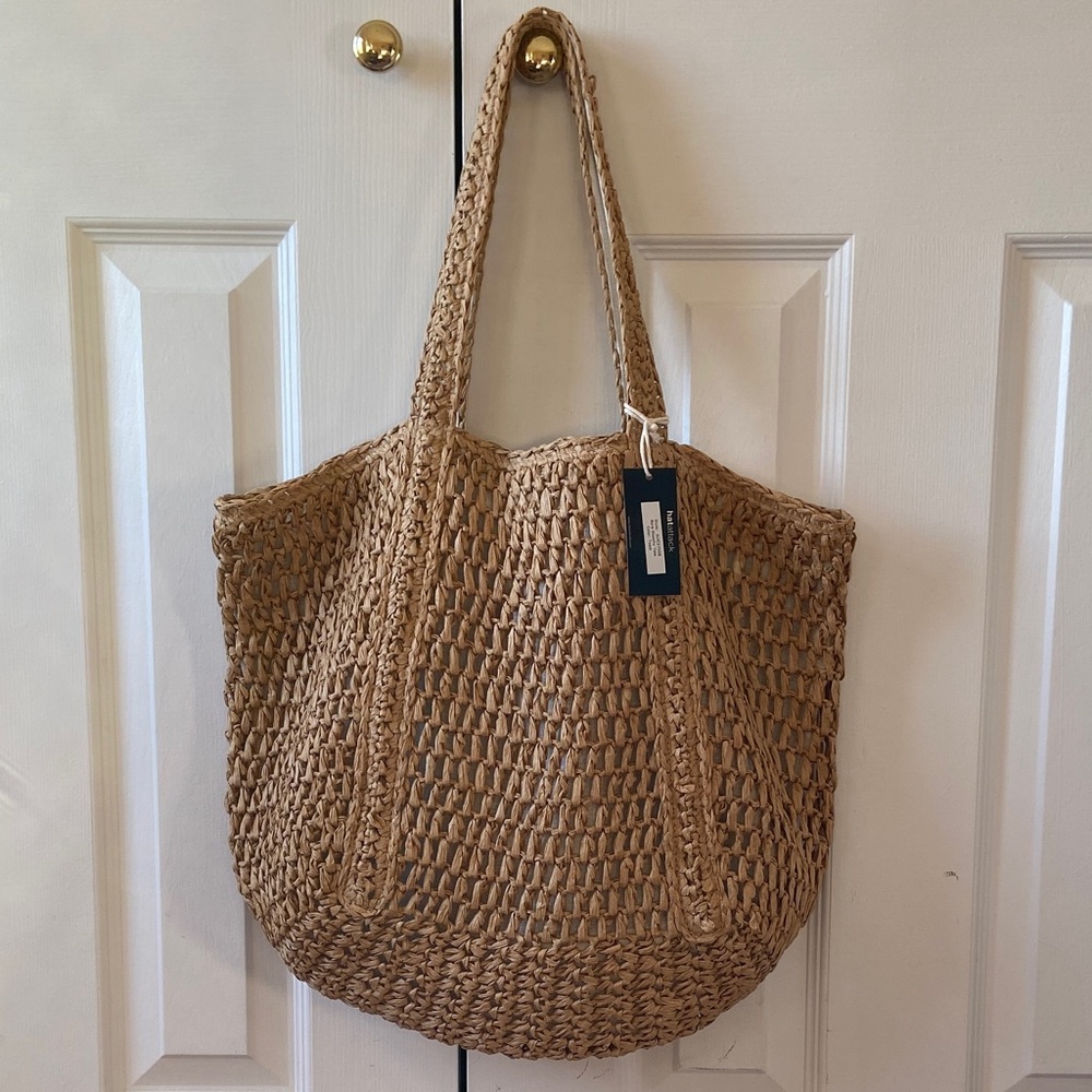 Hat Attack Perry Slouchy Straw Raffia Tote Bag, Tan/Natural/Brown, NWT